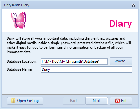 Specify new diary database location and name